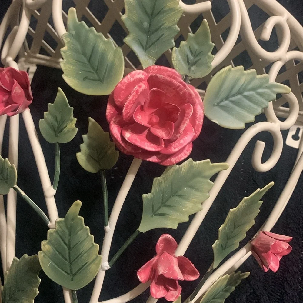 Vintage Shabby Chic Tole Ware Rose Metal Shelf Chippy Texture 13.5 x 16.5 inches